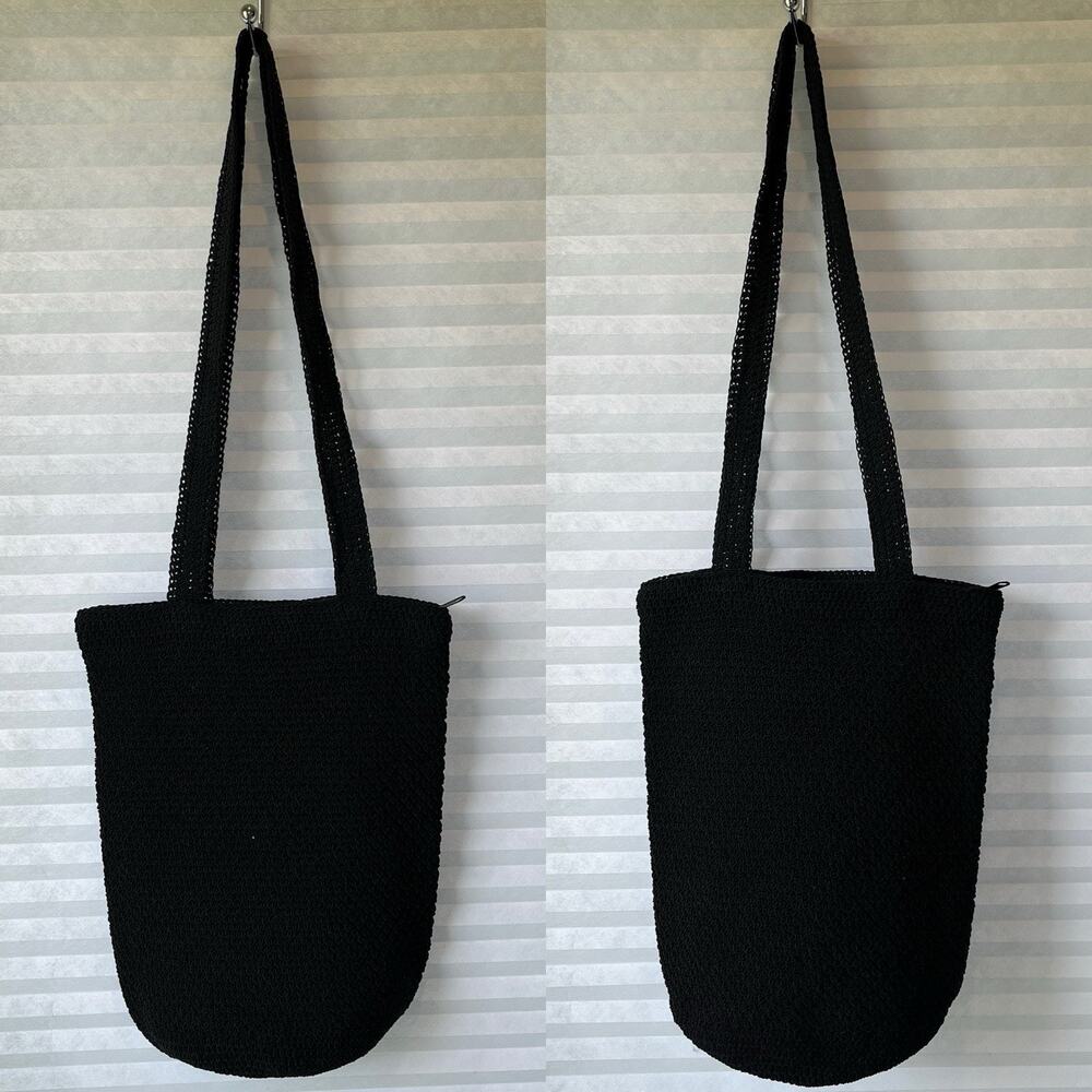 Vintage Crochet Bucket Shoulder Bag Black lined, zipper closure, retro, bohemian